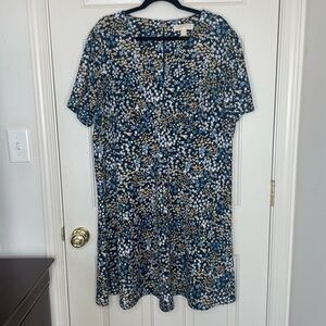 Michael Kors Floral Print Short Sleeve Dress Navy Blue Tan White Daisy Pattern